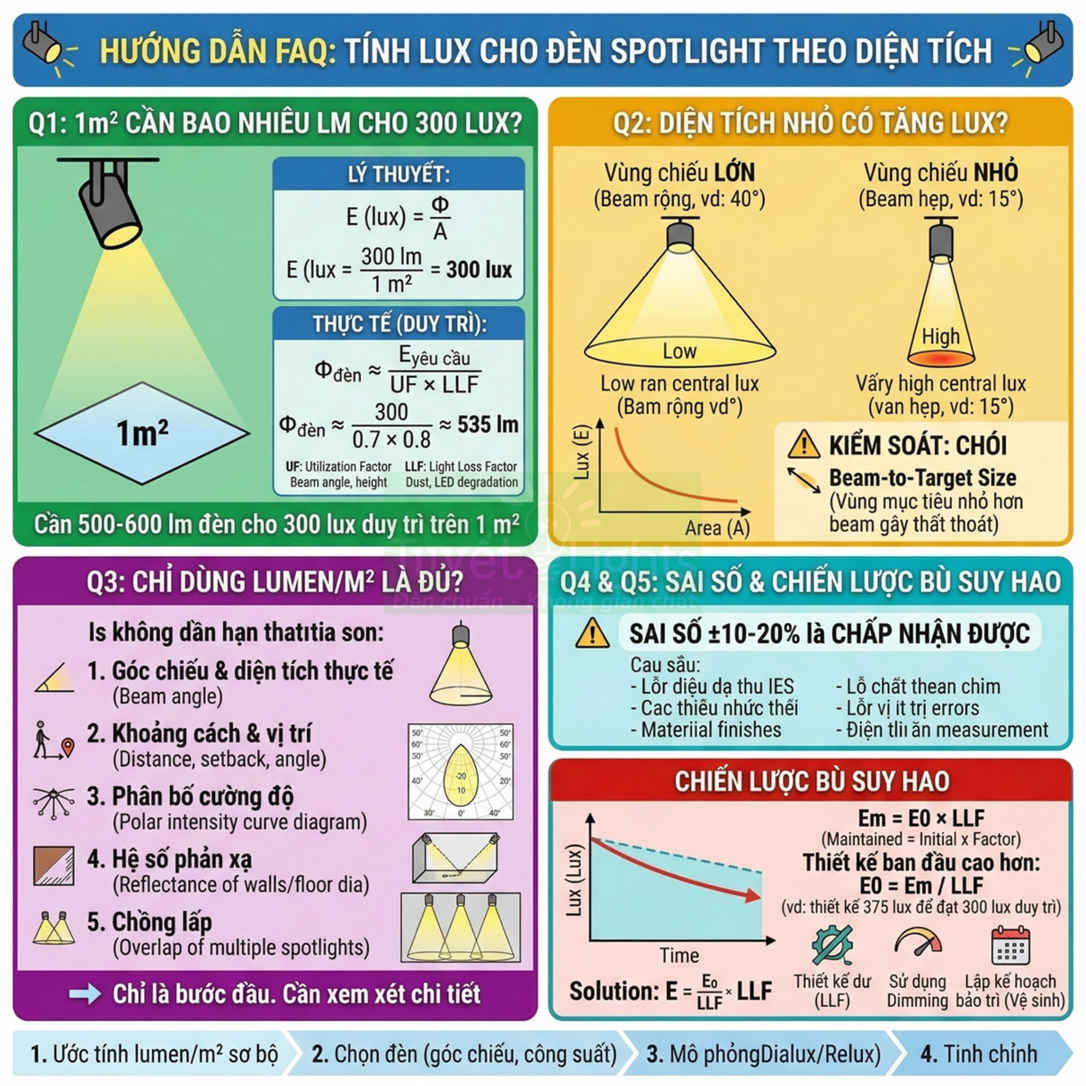 Hướng dẫn tính lux cho đèn spotlight theo diện tích, minh họa cách chọn và bố trí đèn chiếu sáng